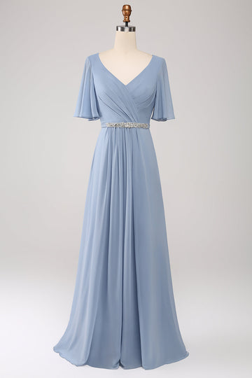 A-Line Chiffon Dusty Blue Long Brudepige Kjole med perletalje